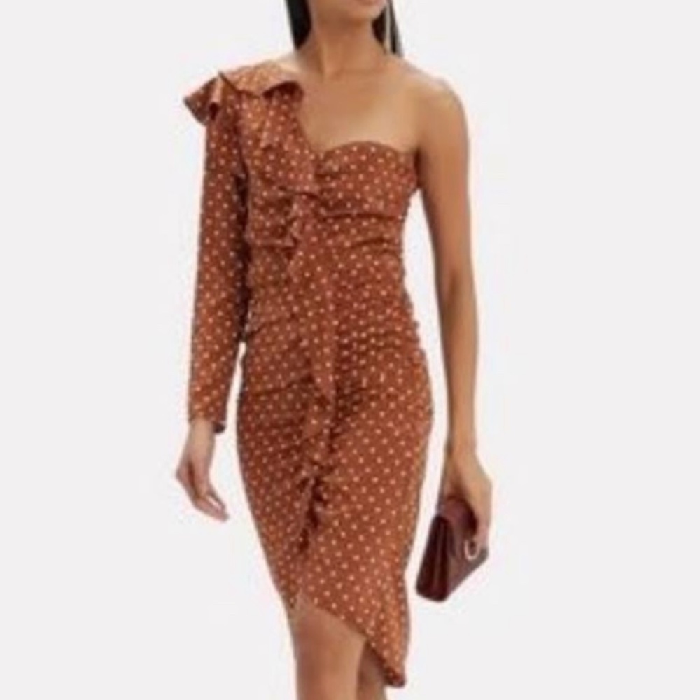 Veronica Beard Brown White Dot One Shoulder Dress